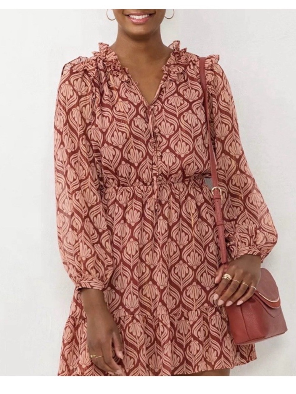 Boho Floral Print Ruffle‎ Tier Skirt Sheer  Long Sleeve Dress. Size large.